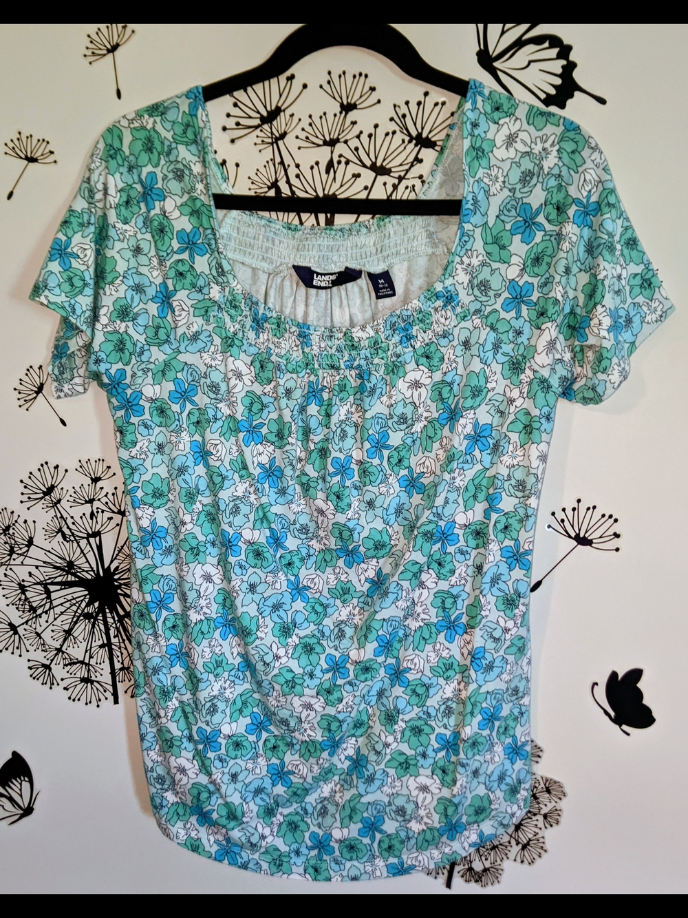 Lands' End Women's Blue, Green & White Floral Scoop Neck Top
